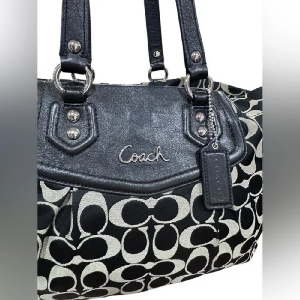 Coach Ashley Black and Cream Signature Pleated Satchel Tote Bag F19244 - Picture 2 of 13